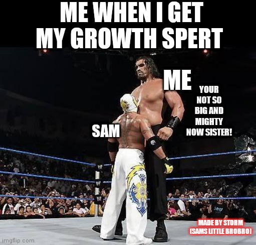 Another by storm my brobro |  ME WHEN I GET MY GROWTH SPERT; ME; YOUR NOT SO BIG AND MIGHTY NOW SISTER! SAM; MADE BY STORM (SAMS LITTLE BROBRO) | image tagged in wwebigvssmall | made w/ Imgflip meme maker