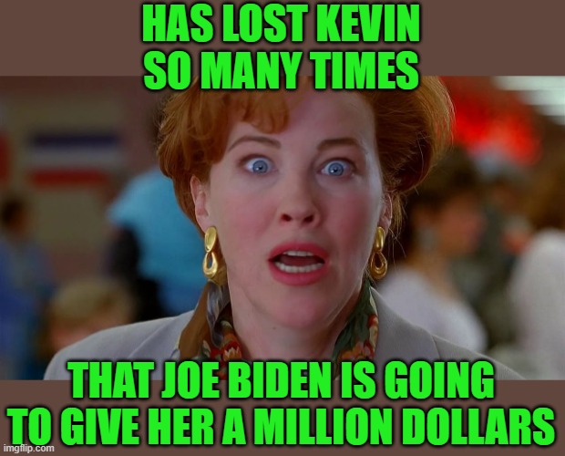 It's only fair! | HAS LOST KEVIN SO MANY TIMES; THAT JOE BIDEN IS GOING TO GIVE HER A MILLION DOLLARS | image tagged in home alone mom,biden,immigrants,free money | made w/ Imgflip meme maker