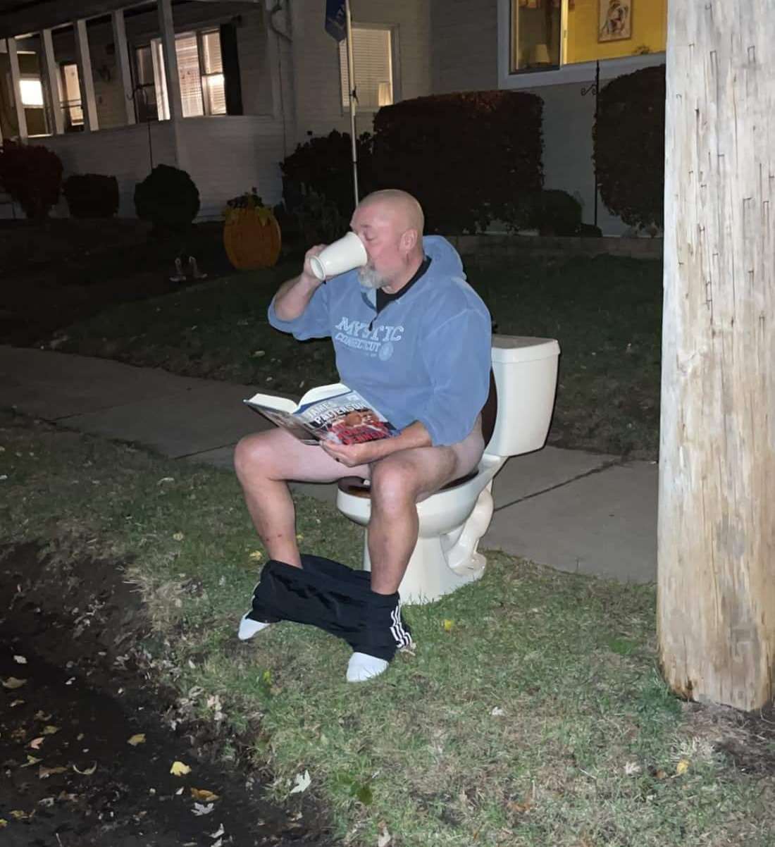 Guy on toilet reading book drinking coffee Blank Meme Template