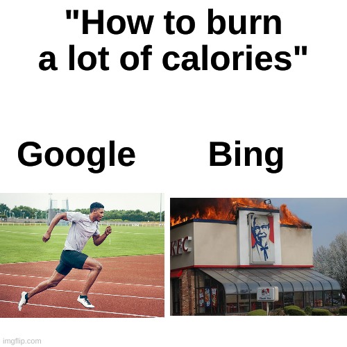Which way would you do it? | "How to burn a lot of calories"; Google; Bing | image tagged in memes,funny,google,bing,calories | made w/ Imgflip meme maker