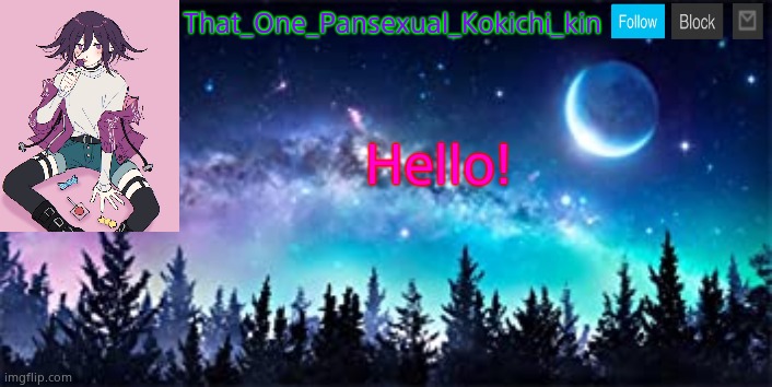 That_One_Pansexual_Kokichi_kin NEW template | That_One_Pansexual_Kokichi_kin; Hello! | image tagged in that_one_pansexual_kokichi_kin new template | made w/ Imgflip meme maker