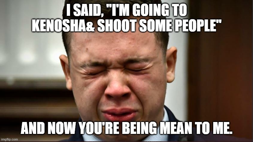 mean to me | I SAID, "I'M GOING TO KENOSHA& SHOOT SOME PEOPLE"; AND NOW YOU'RE BEING MEAN TO ME. | image tagged in crybaby killer | made w/ Imgflip meme maker
