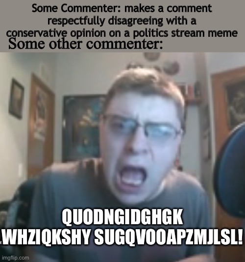 Hoooooooo boy | Some Commenter: makes a comment respectfully disagreeing with a conservative opinion on a politics stream meme; Some other commenter:; QUODNGIDGHGK WHZIQKSHY SUGQVOOAPZMJLSL! | image tagged in when gage kirby learns that he's wrong | made w/ Imgflip meme maker