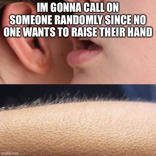Whisper and Goosebumps | IM GONNA CALL ON SOMEONE RANDOMLY SINCE NO ONE WANTS TO RAISE THEIR HAND | image tagged in whisper and goosebumps | made w/ Imgflip meme maker