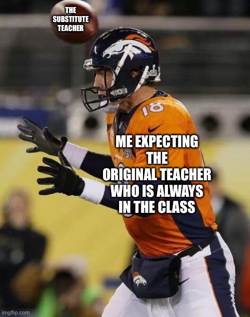 Professional Football Guy | THE SUBSTITUTE TEACHER; ME EXPECTING THE ORIGINAL TEACHER WHO IS ALWAYS IN THE CLASS | image tagged in professional football guy | made w/ Imgflip meme maker