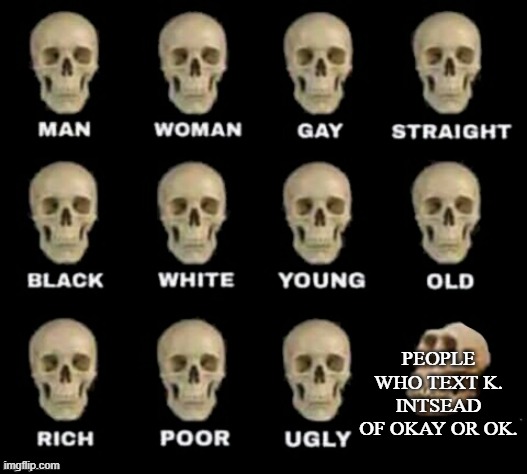 k. | PEOPLE WHO TEXT K. INTSEAD OF OKAY OR OK. | image tagged in idiot skull | made w/ Imgflip meme maker