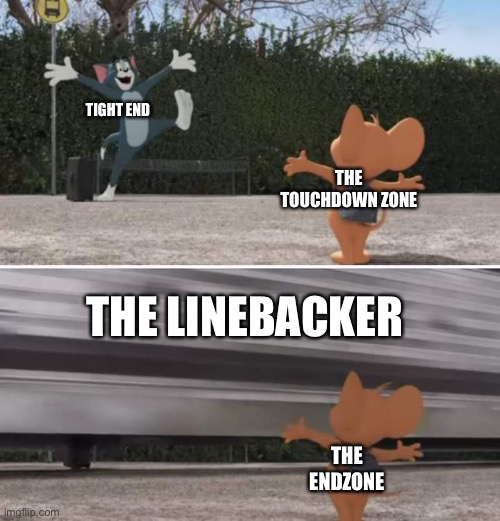 Tom and Jerry movie template | TIGHT END; THE TOUCHDOWN ZONE; THE LINEBACKER; THE ENDZONE | image tagged in tom and jerry movie template | made w/ Imgflip meme maker