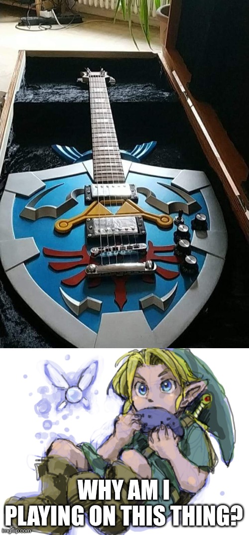 PUT DOWN THE OCARINA | WHY AM I PLAYING ON THIS THING? | image tagged in the legend of zelda,link,guitar,legend of zelda | made w/ Imgflip meme maker