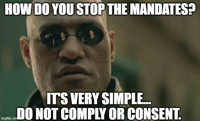 Resist the insanity, they will lose and we will win | HOW DO YOU STOP THE MANDATES? IT'S VERY SIMPLE... DO NOT COMPLY OR CONSENT. | image tagged in matrix morpheus,vaccines,vaccine,mandate,biden | made w/ Imgflip meme maker