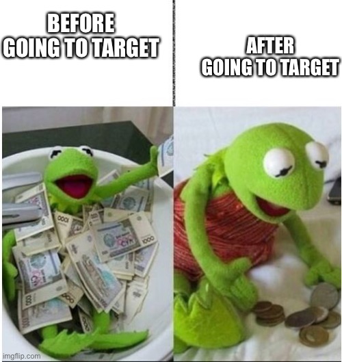 kermit before and after money | AFTER GOING TO TARGET; BEFORE GOING TO TARGET | image tagged in kermit before and after money | made w/ Imgflip meme maker