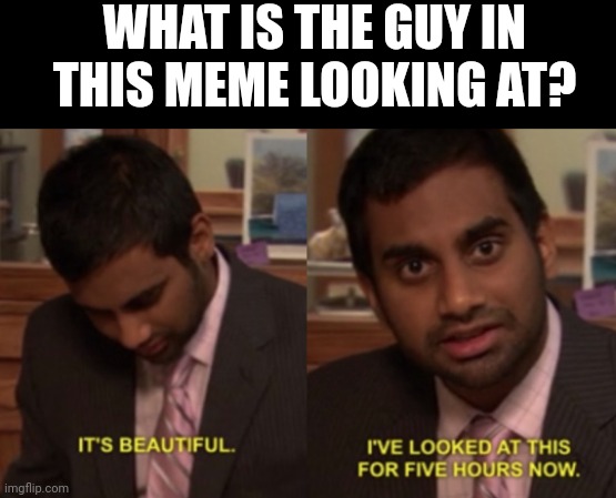 ? | WHAT IS THE GUY IN THIS MEME LOOKING AT? | image tagged in i've looked at this for 5 hours now | made w/ Imgflip meme maker