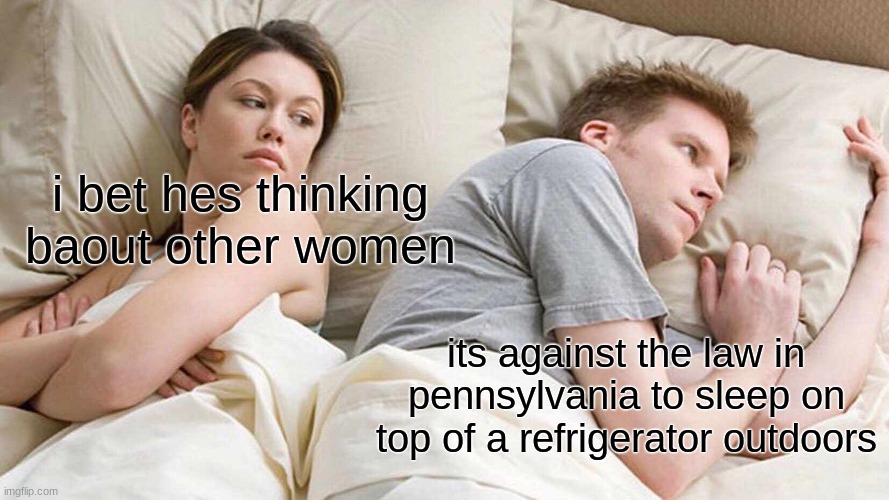 I Bet He's Thinking About Other Women | i bet hes thinking baout other women; its against the law in pennsylvania to sleep on top of a refrigerator outdoors | image tagged in memes,i bet he's thinking about other women | made w/ Imgflip meme maker