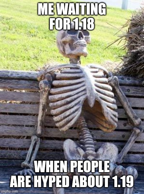 Waiting Skeleton | ME WAITING FOR 1.18; WHEN PEOPLE ARE HYPED ABOUT 1.19 | image tagged in memes,waiting skeleton | made w/ Imgflip meme maker