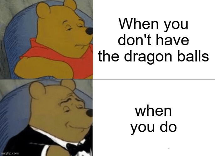 Tuxedo Winnie The Pooh Meme | When you don't have the dragon balls; when you do | image tagged in memes,tuxedo winnie the pooh | made w/ Imgflip meme maker
