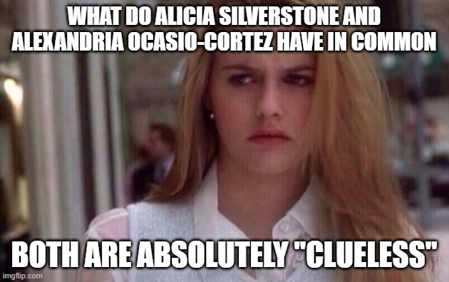 AOC is absolutely Clueless!! | WHAT DO ALICIA SILVERSTONE AND ALEXANDRIA OCASIO-CORTEZ HAVE IN COMMON; BOTH ARE ABSOLUTELY "CLUELESS" | image tagged in alicia silverstone,aoc,clueless | made w/ Imgflip meme maker