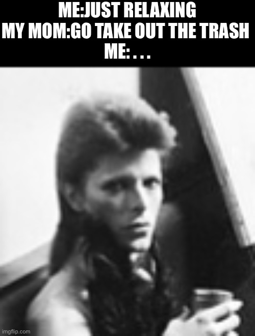 New obsession let’s goOoOoO | ME:JUST RELAXING
MY MOM:GO TAKE OUT THE TRASH 
ME: . . . | image tagged in david bowie,mom | made w/ Imgflip meme maker