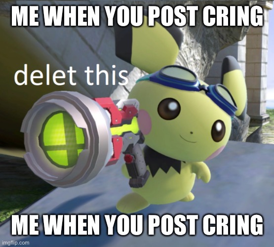 Stop doing it | ME WHEN YOU POST CRING; ME WHEN YOU POST CRING | image tagged in delet this pichu | made w/ Imgflip meme maker