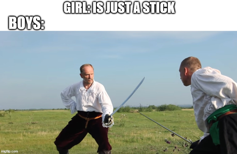 Epic stick boys |  BOYS:; GIRL: IS JUST A STICK | image tagged in me and the boys,boys vs girls,stick,sword,fighting | made w/ Imgflip meme maker