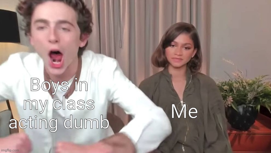 ` | Me; Boys in my class acting dumb | image tagged in chalamet zendaya | made w/ Imgflip meme maker