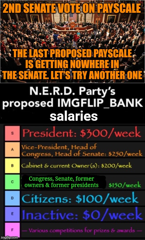 Senate vote. | 2ND SENATE VOTE ON PAYSCALE; THE LAST PROPOSED PAYSCALE IS GETTING NOWHERE IN THE SENATE. LET'S TRY ANOTHER ONE; salaries; Congress, Senate, former owners & former presidents | image tagged in congress,senate,vote,shia labeouf just do it | made w/ Imgflip meme maker