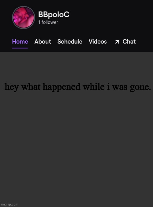 Twitch template | hey what happened while i was gone. | image tagged in twitch template | made w/ Imgflip meme maker