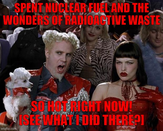 Mugatu So Hot Right Now Meme | SPENT NUCLEAR FUEL AND THE
WONDERS OF RADIOACTIVE WASTE SO HOT RIGHT NOW!
[SEE WHAT I DID THERE?] | image tagged in memes,mugatu so hot right now | made w/ Imgflip meme maker