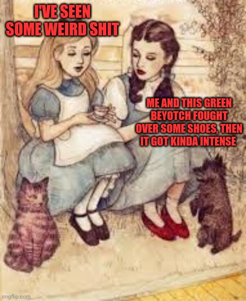 Weird stuffs | I'VE SEEN SOME WEIRD SHIT; ME AND THIS GREEN BEYOTCH FOUGHT OVER SOME SHOES, THEN IT GOT KINDA INTENSE | image tagged in alice in wonderland,the wizard of oz,trippin',kanas | made w/ Imgflip meme maker