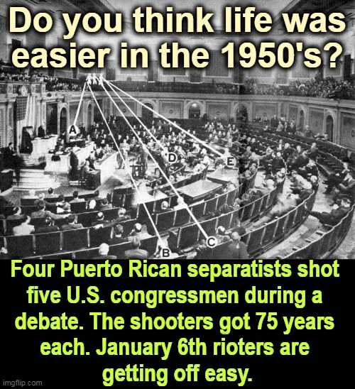 Congress, 1954 | Do you think life was
easier in the 1950's? Four Puerto Rican separatists shot 
five U.S. congressmen during a 
debate. The shooters got 75 years 
each. January 6th rioters are 
getting off easy. | image tagged in puerto rico,1950's,nostalgia,revolution,congress,shooting | made w/ Imgflip meme maker