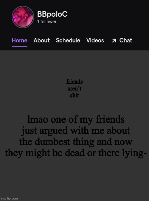 also gn | friends 
aren’t 
shit; lmao one of my friends just argued with me about the dumbest thing and now they might be dead or there lying- | image tagged in twitch template | made w/ Imgflip meme maker