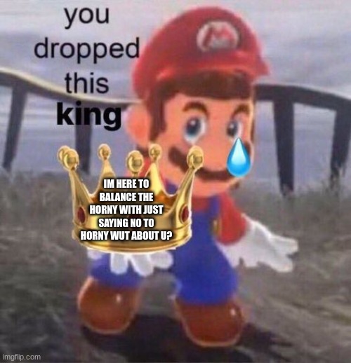 Mario you dropped this king | IM HERE TO BALANCE THE HORNY WITH JUST SAYING NO TO HORNY WUT ABOUT U? | image tagged in mario you dropped this king | made w/ Imgflip meme maker