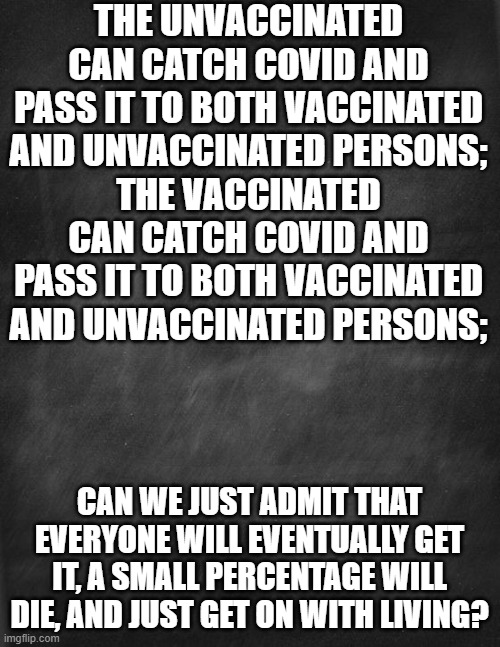 Covid ain't going away | THE UNVACCINATED CAN CATCH COVID AND PASS IT TO BOTH VACCINATED AND UNVACCINATED PERSONS;
THE VACCINATED CAN CATCH COVID AND PASS IT TO BOTH VACCINATED AND UNVACCINATED PERSONS;; CAN WE JUST ADMIT THAT EVERYONE WILL EVENTUALLY GET IT, A SMALL PERCENTAGE WILL DIE, AND JUST GET ON WITH LIVING? | image tagged in black blank | made w/ Imgflip meme maker