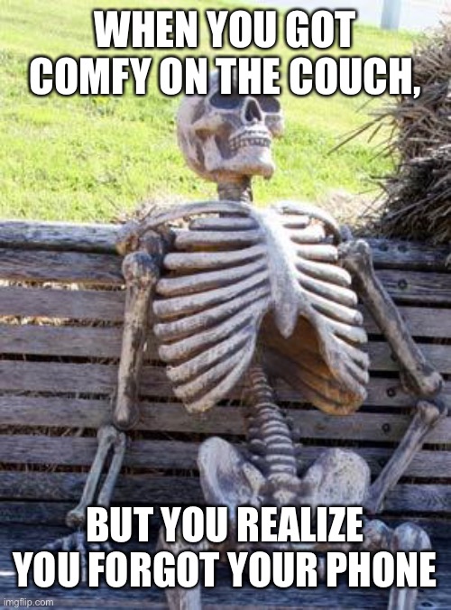 Waiting Skeleton Meme | WHEN YOU GOT COMFY ON THE COUCH, BUT YOU REALIZE YOU FORGOT YOUR PHONE | image tagged in memes,waiting skeleton | made w/ Imgflip meme maker