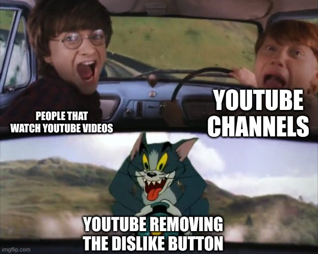 Tom chasing Harry and Ron Weasly | PEOPLE THAT WATCH YOUTUBE VIDEOS; YOUTUBE CHANNELS; YOUTUBE REMOVING THE DISLIKE BUTTON | image tagged in tom chasing harry and ron weasly | made w/ Imgflip meme maker