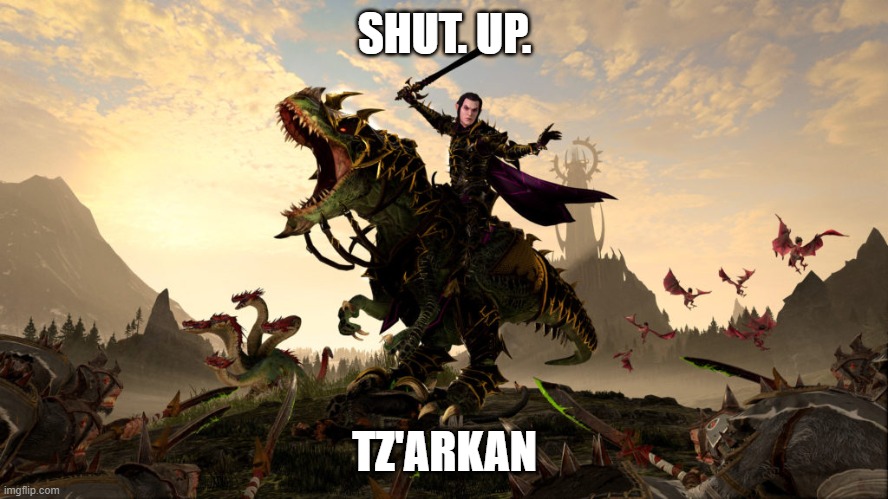 pLEASE. | SHUT. UP. TZ'ARKAN | image tagged in warhammer | made w/ Imgflip meme maker