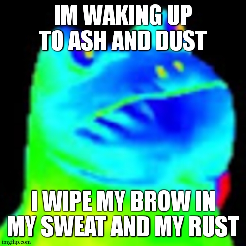 Fun factz with frog | IM WAKING UP TO ASH AND DUST; I WIPE MY BROW IN MY SWEAT AND MY RUST | image tagged in trippin on acid | made w/ Imgflip meme maker