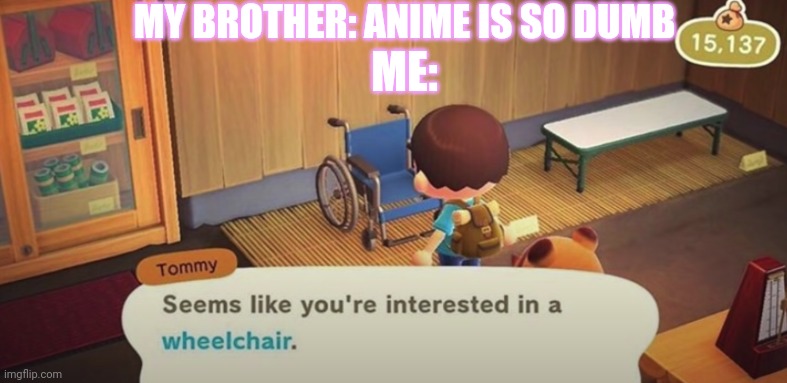 NO | MY BROTHER: ANIME IS SO DUMB; ME: | image tagged in seems like you're interested in a wheelchair | made w/ Imgflip meme maker