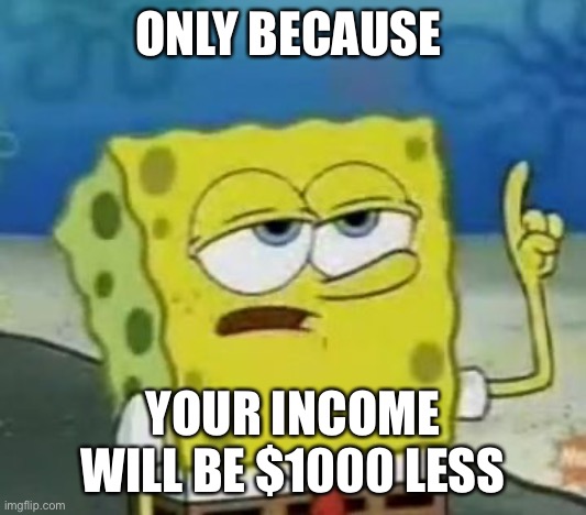 I'll Have You Know Spongebob Meme | ONLY BECAUSE YOUR INCOME WILL BE $1000 LESS | image tagged in memes,i'll have you know spongebob | made w/ Imgflip meme maker