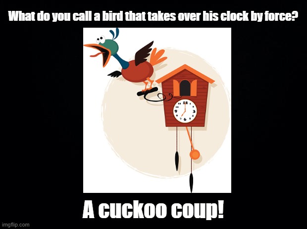 Cuckoo coup | What do you call a bird that takes over his clock by force? A cuckoo coup! | image tagged in black background,cuckoo,pun,coup | made w/ Imgflip meme maker