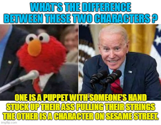 Elmo vs China Joe | WHAT’S THE DIFFERENCE BETWEEN THESE TWO CHARACTERS ? ONE IS A PUPPET WITH SOMEONE’S HAND STUCK UP THEIR ASS PULLING THEIR STRINGS THE OTHER IS A CHARACTER ON SESAME STREET. | image tagged in biden,elmo | made w/ Imgflip meme maker