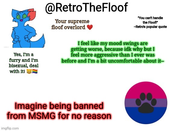 . | I feel like my mood swings are getting worse, because idk why but I feel more aggressive than I ever was before and I'm a bit uncomfortable about it--; Imagine being banned from MSMG for no reason | image tagged in retrothefloof announcement template | made w/ Imgflip meme maker