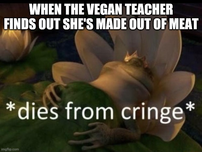 Dies from cringe | WHEN THE VEGAN TEACHER FINDS OUT SHE'S MADE OUT OF MEAT | image tagged in dies from cringe | made w/ Imgflip meme maker