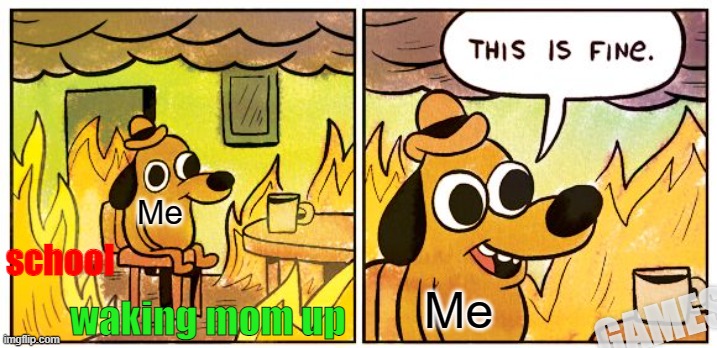 This Is Fine | Me; school; Me; GAMES; waking mom up | image tagged in memes,this is fine | made w/ Imgflip meme maker