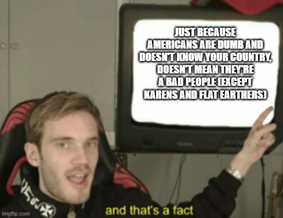Yooo It's Controversy time. | JUST BECAUSE AMERICANS ARE DUMB AND DOESN'T KNOW YOUR COUNTRY, DOESN'T MEAN THEY'RE A BAD PEOPLE (EXCEPT KARENS AND FLAT EARTHERS) | image tagged in and that's a fact,america,pewds,facts | made w/ Imgflip meme maker