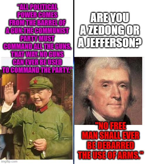 What political ideology do YOU support? |  ARE YOU A ZEDONG OR A JEFFERSON? “ALL POLITICAL POWER COMES FROM THE BARREL OF A GUN.THE COMMUNIST PARTY MUST COMMAND ALL THE GUNS, THAT WAY, NO GUNS CAN EVER BE USED TO COMMAND THE PARTY.”; "NO FREE MAN SHALL EVER BE DEBARRED THE USE OF ARMS." | image tagged in thomas jefferson,mao zedong,2a,freedom,guns | made w/ Imgflip meme maker