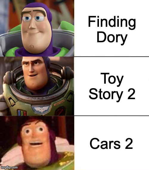 Better, best, blurst lightyear edition | Finding Dory; Toy Story 2; Cars 2 | image tagged in better best blurst lightyear edition | made w/ Imgflip meme maker