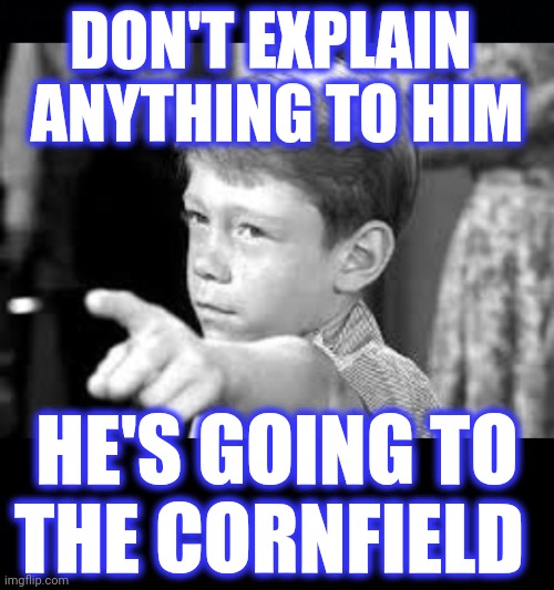DON'T EXPLAIN 
ANYTHING TO HIM HE'S GOING TO THE CORNFIELD | image tagged in black background | made w/ Imgflip meme maker