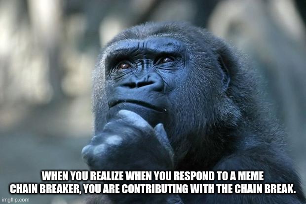 Deep Thoughts | WHEN YOU REALIZE WHEN YOU RESPOND TO A MEME CHAIN BREAKER, YOU ARE CONTRIBUTING WITH THE CHAIN BREAK. | image tagged in deep thoughts | made w/ Imgflip meme maker