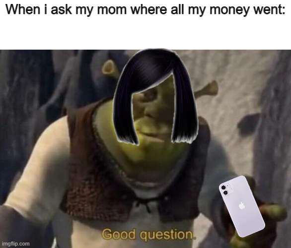 Where are my money |  When i ask my mom where all my money went: | image tagged in shrek good question,money | made w/ Imgflip meme maker