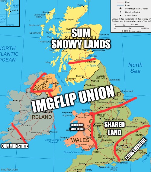 Map of Britain | SUM SNOWY LANDS; IMGFLIP UNION; SHARED LAND; SUGASLAND
(NERD UNION); COMMONSTATE; CONSERVATIVE | image tagged in uk | made w/ Imgflip meme maker