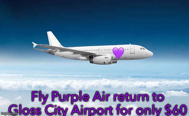 Package holidays start at $69 Per Person | 💜; Fly Purple Air return to Gloss City Airport for only $60 | made w/ Imgflip meme maker